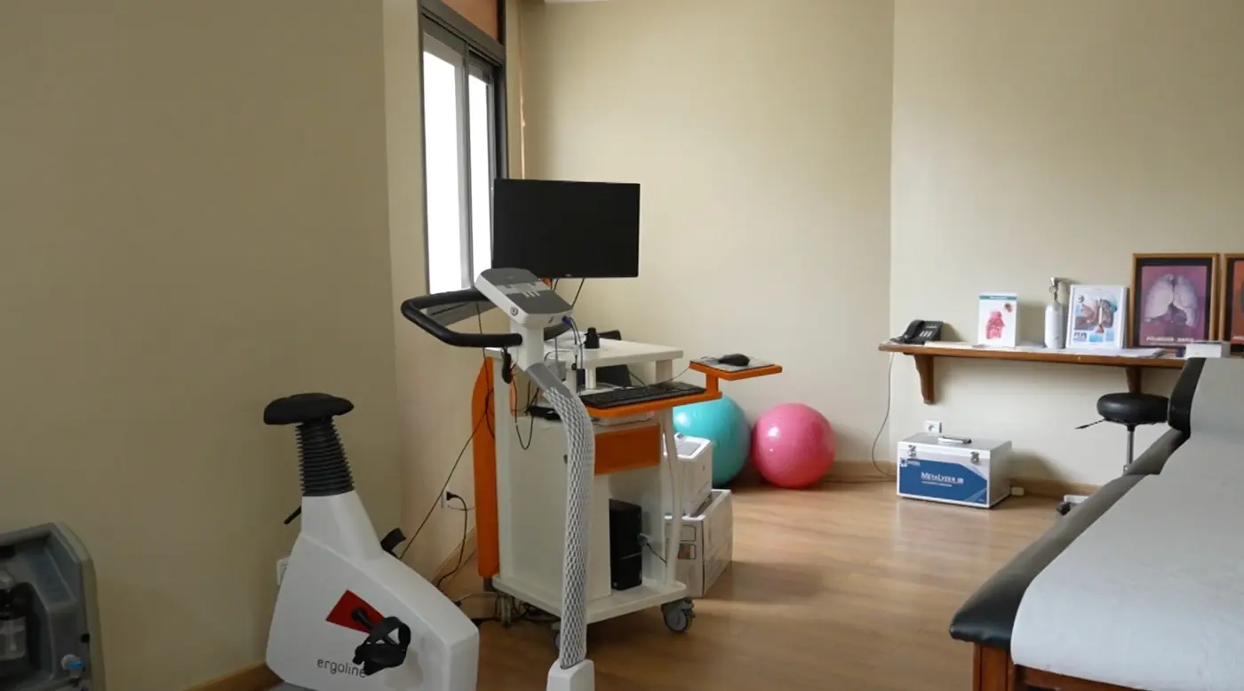 Salle de réhabilitation respiratoire : cycloergomètre, table d'examen et matériel de rééducation